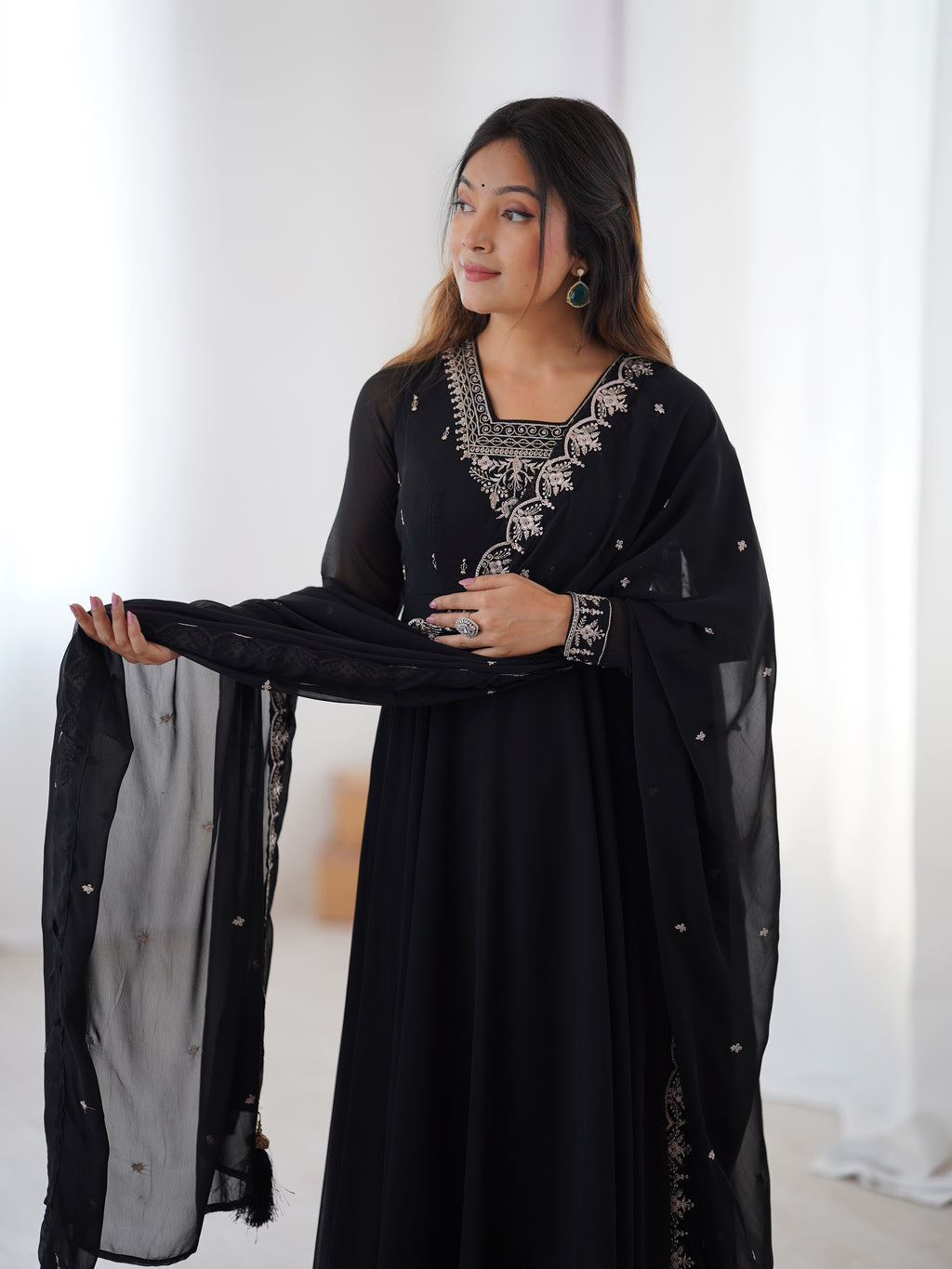 Midnight Noir 6.5M Flared Georgette Anarkali Gown with Pant & Embroidered Dupatta
