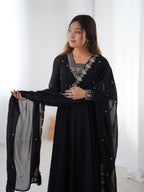 Midnight Noir 6.5M Flared Georgette Anarkali Gown with Pant & Embroidered Dupatta
