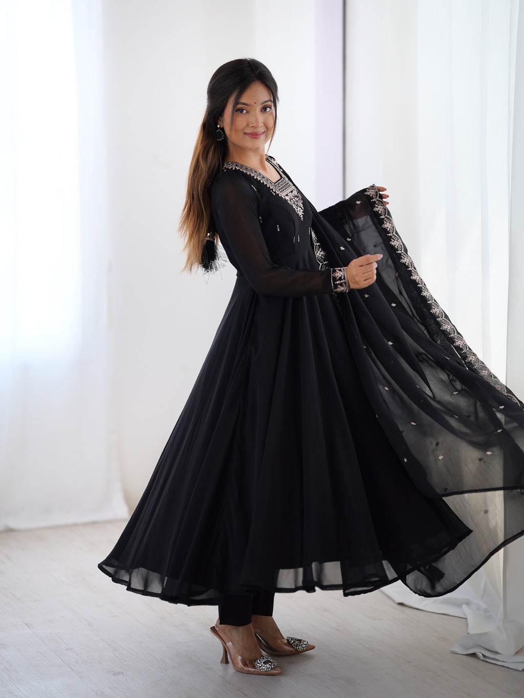 Midnight Noir 6.5M Flared Georgette Anarkali Gown with Pant & Embroidered Dupatta