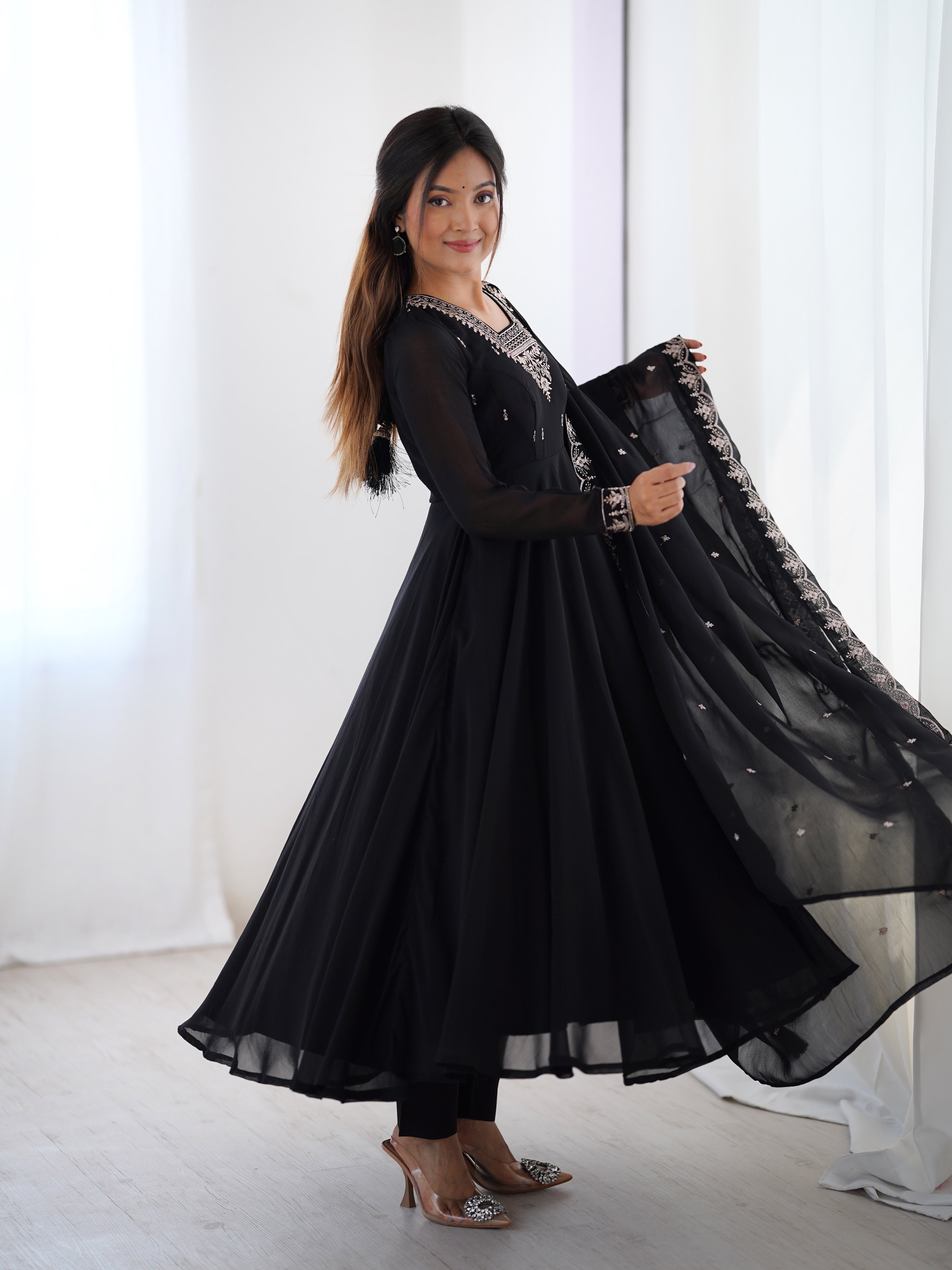 Midnight Noir 6.5M Flared Georgette Anarkali Gown with Pant & Embroidered Dupatta