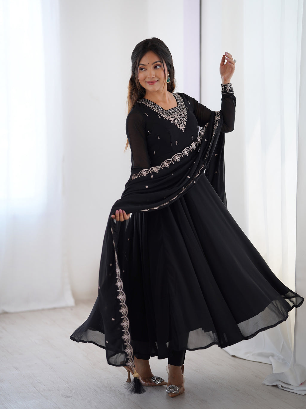 Midnight Noir 6.5M Flared Georgette Anarkali Gown with Pant & Embroidered Dupatta