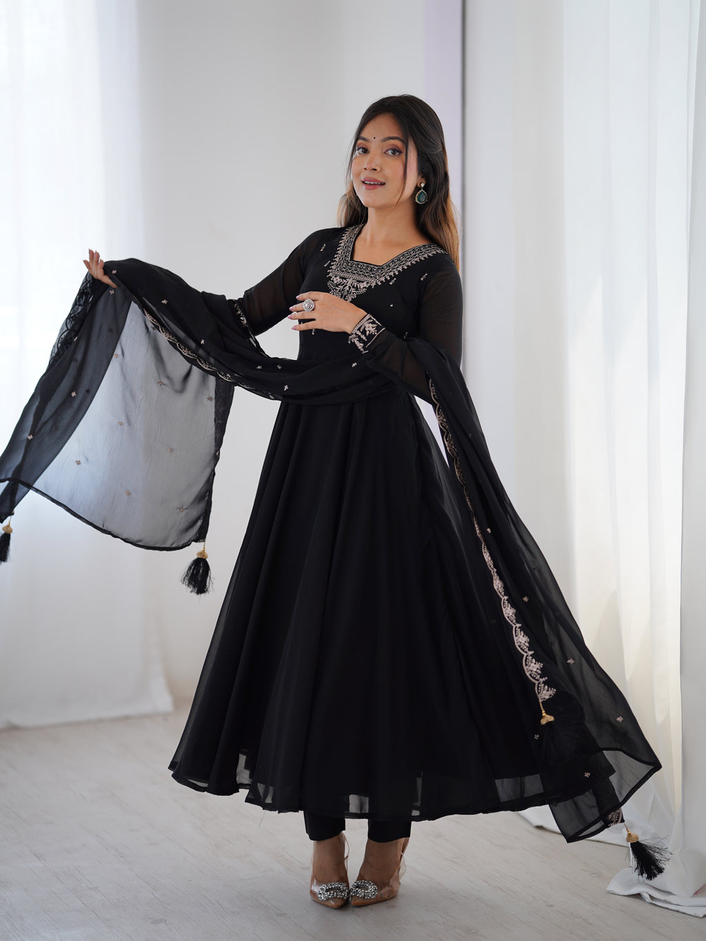 Midnight Noir 6.5M Flared Georgette Anarkali Gown with Pant & Embroidered Dupatta