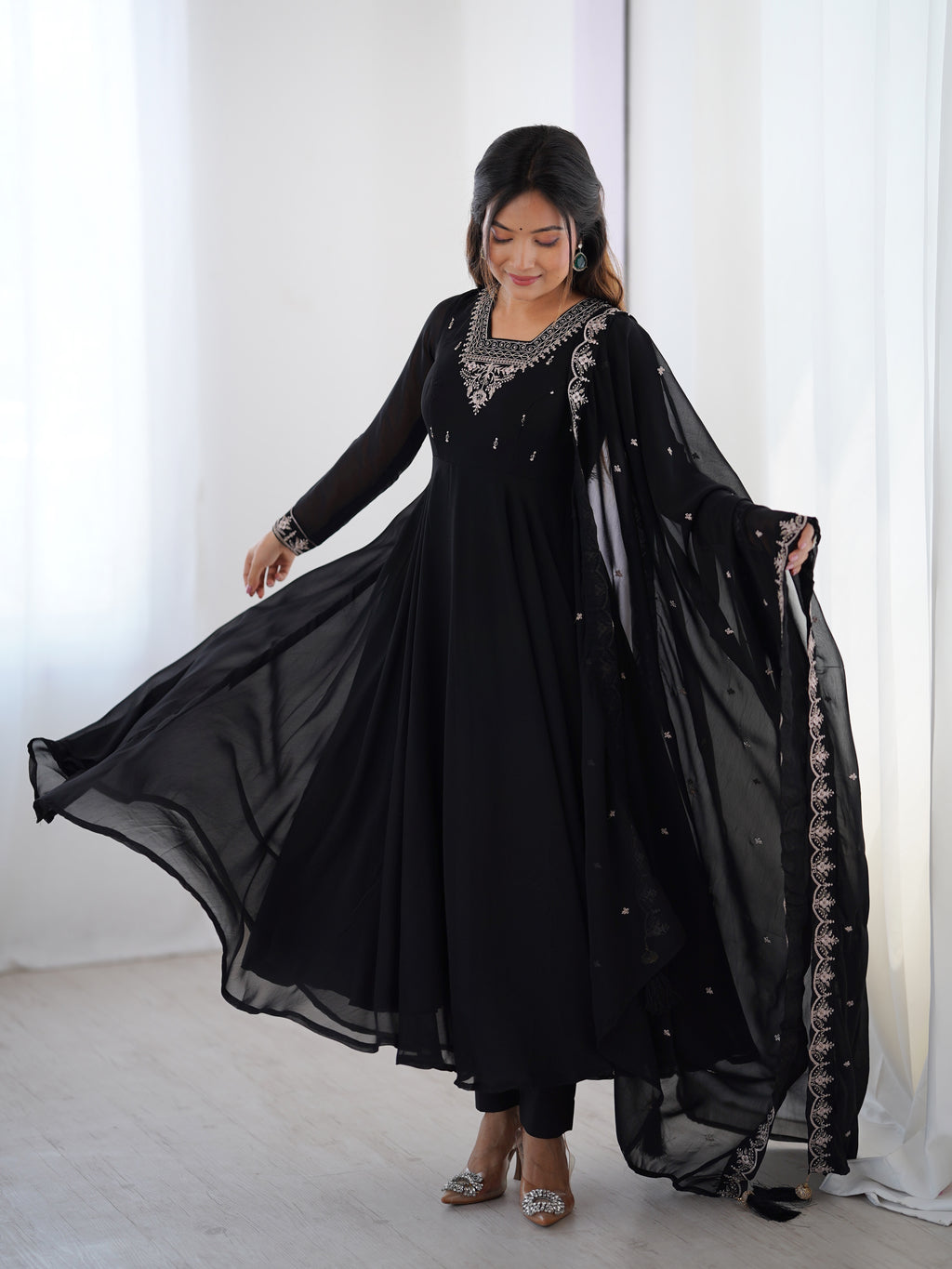 Midnight Noir 6.5M Flared Georgette Anarkali Gown with Pant & Embroidered Dupatta