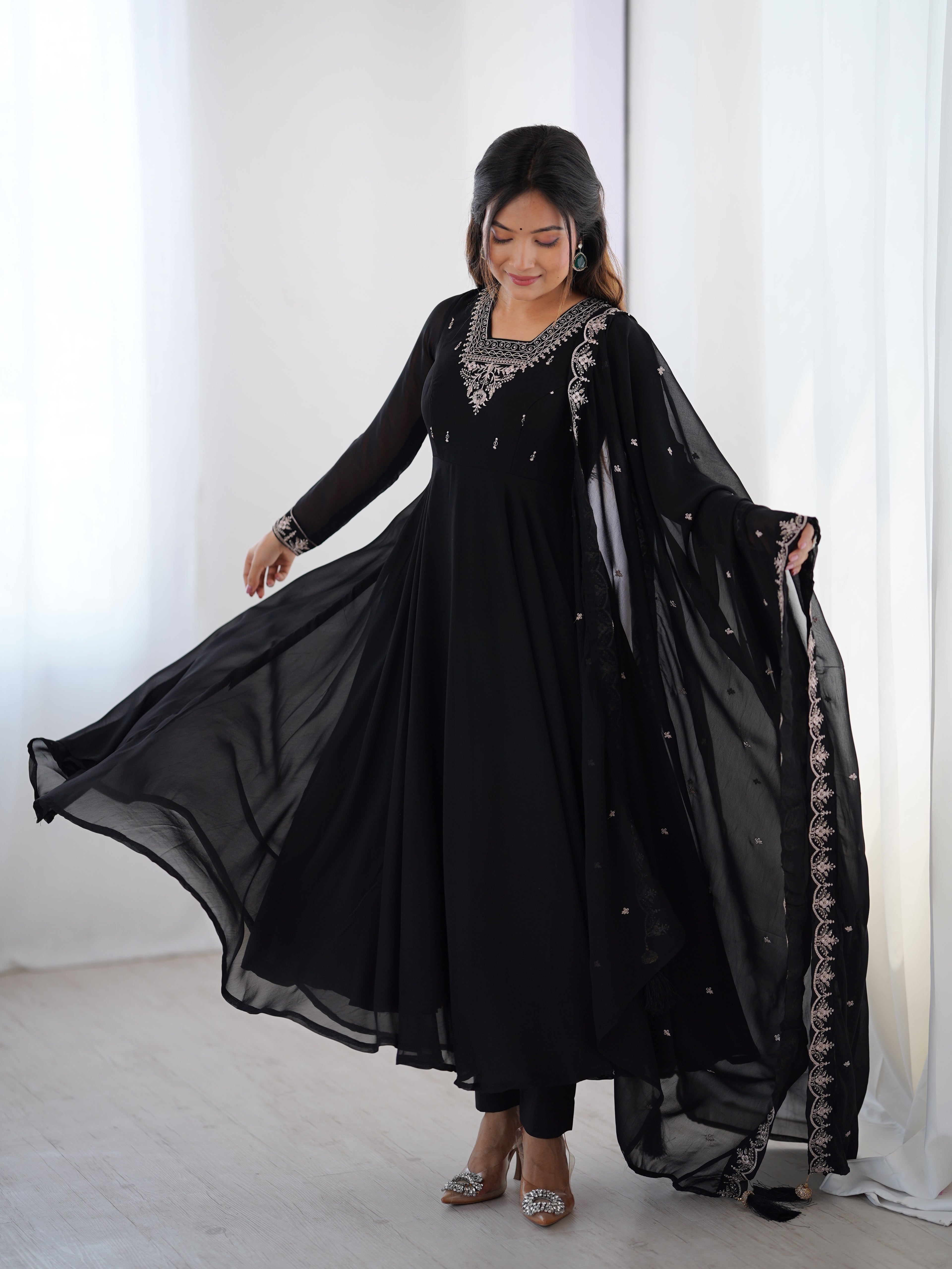 Midnight Noir 6.5M Flared Georgette Anarkali Gown with Pant & Embroidered Dupatta