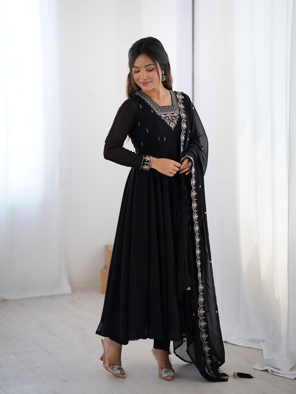 Midnight Noir 6.5M Flared Georgette Anarkali Gown with Pant & Embroidered Dupatta