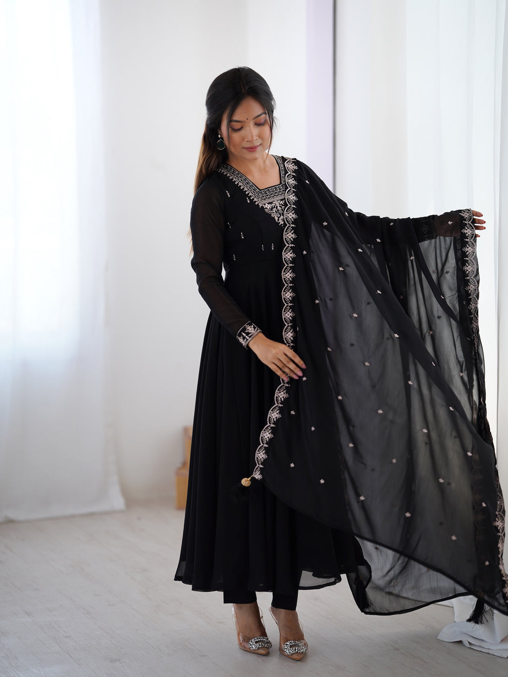 Midnight Noir 6.5M Flared Georgette Anarkali Gown with Pant & Embroidered Dupatta