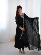 Midnight Noir 6.5M Flared Georgette Anarkali Gown with Pant & Embroidered Dupatta