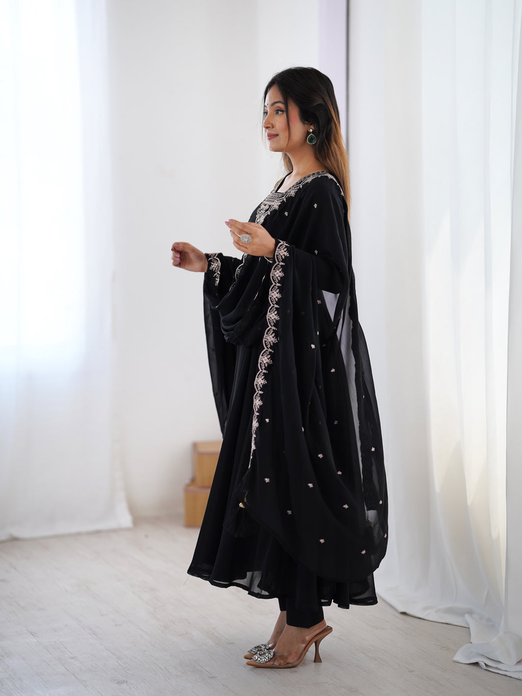 Midnight Noir 6.5M Flared Georgette Anarkali Gown with Pant & Embroidered Dupatta