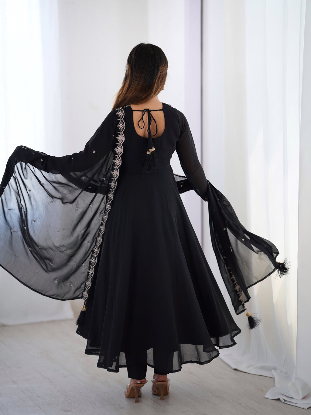 Midnight Noir 6.5M Flared Georgette Anarkali Gown with Pant & Embroidered Dupatta