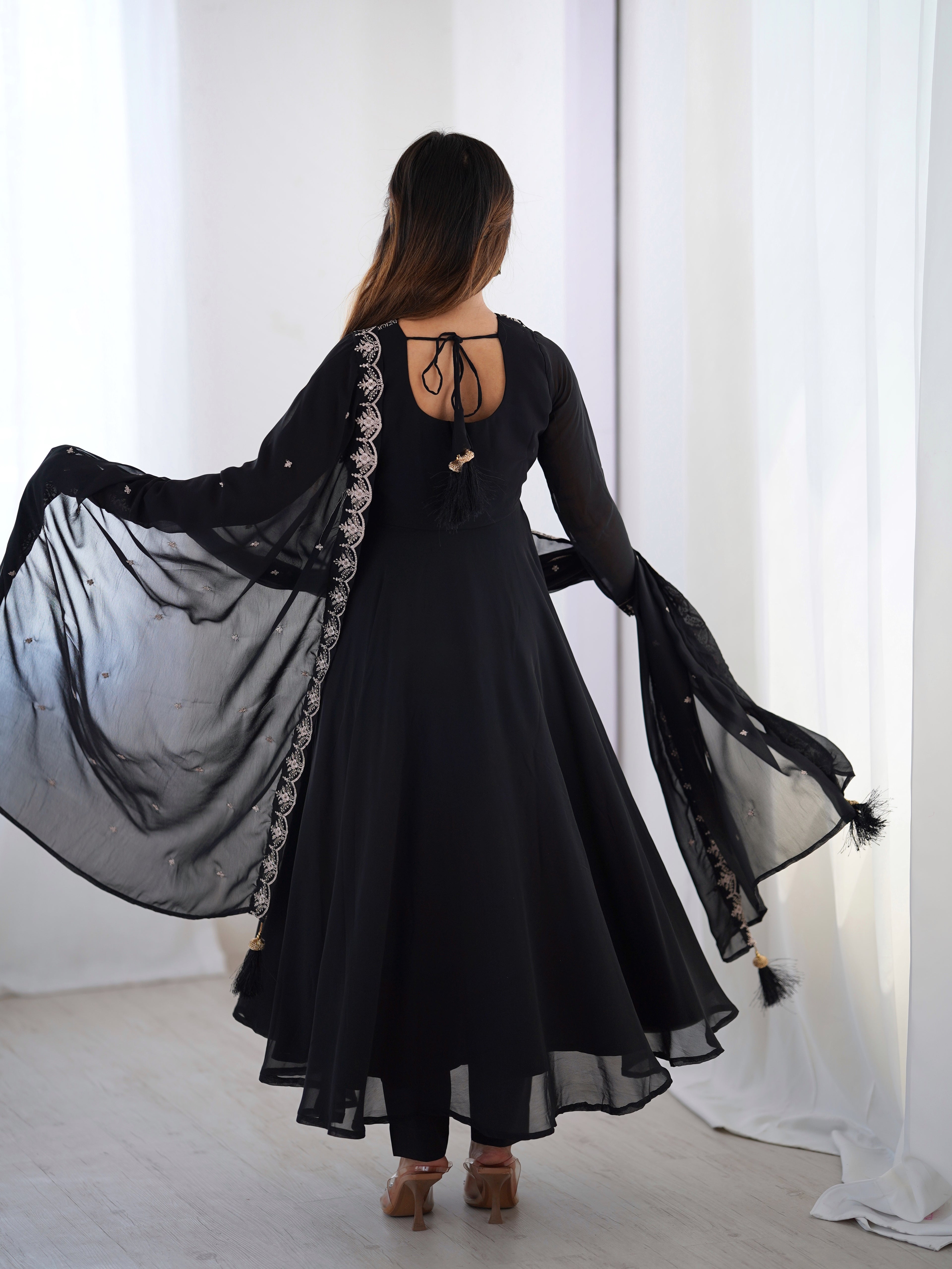Midnight Noir 6.5M Flared Georgette Anarkali Gown with Pant & Embroidered Dupatta