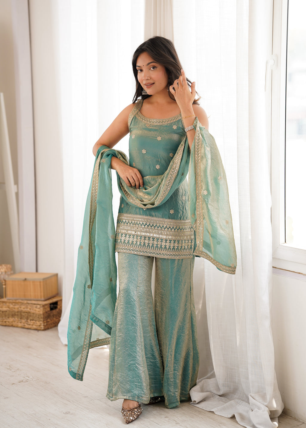 Regal Sea Green Frendy Silk Kurta & Flared Bell Bottom Set with Embroidered Dupatta