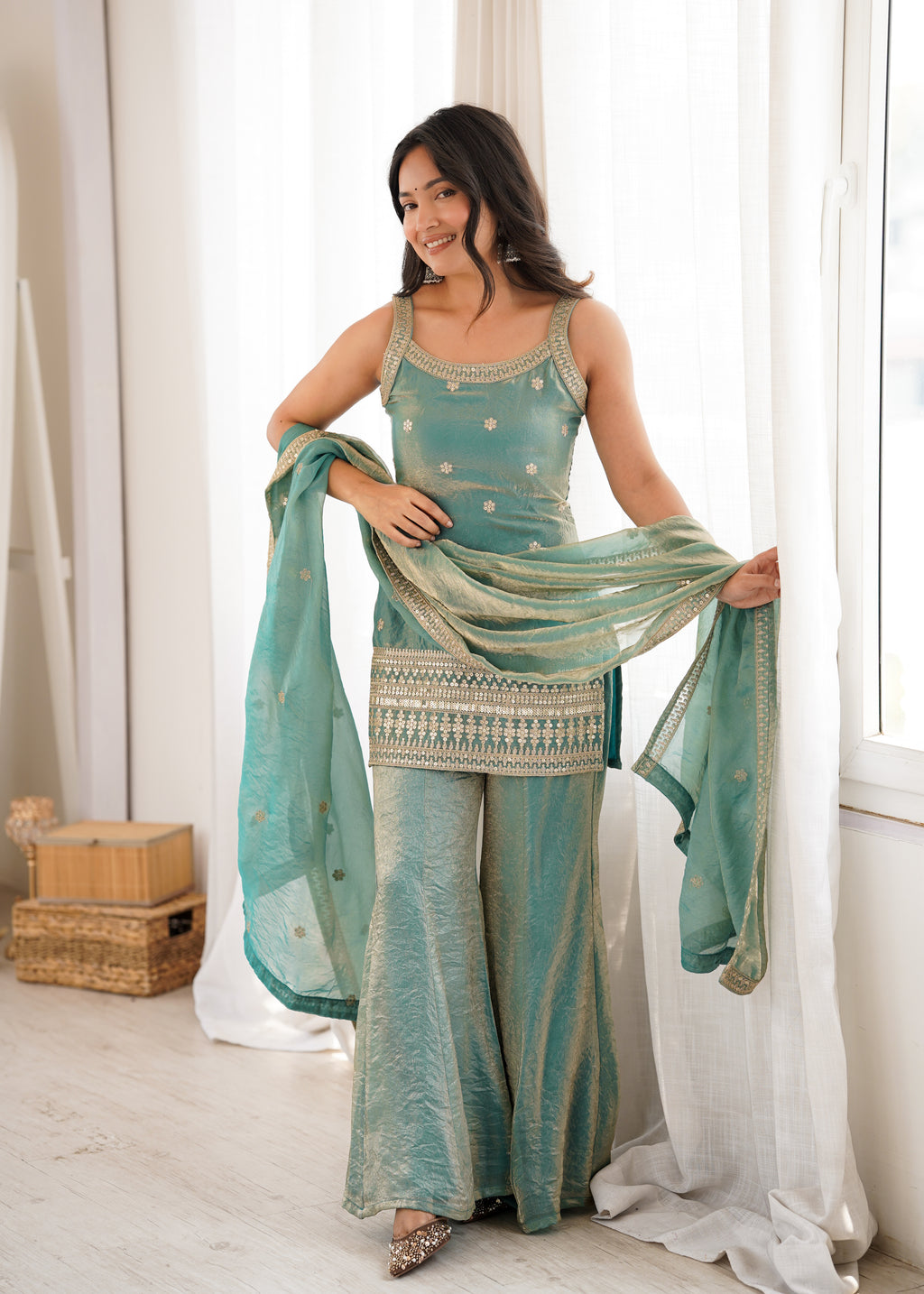 Regal Sea Green Frendy Silk Kurta & Flared Bell Bottom Set with Embroidered Dupatta