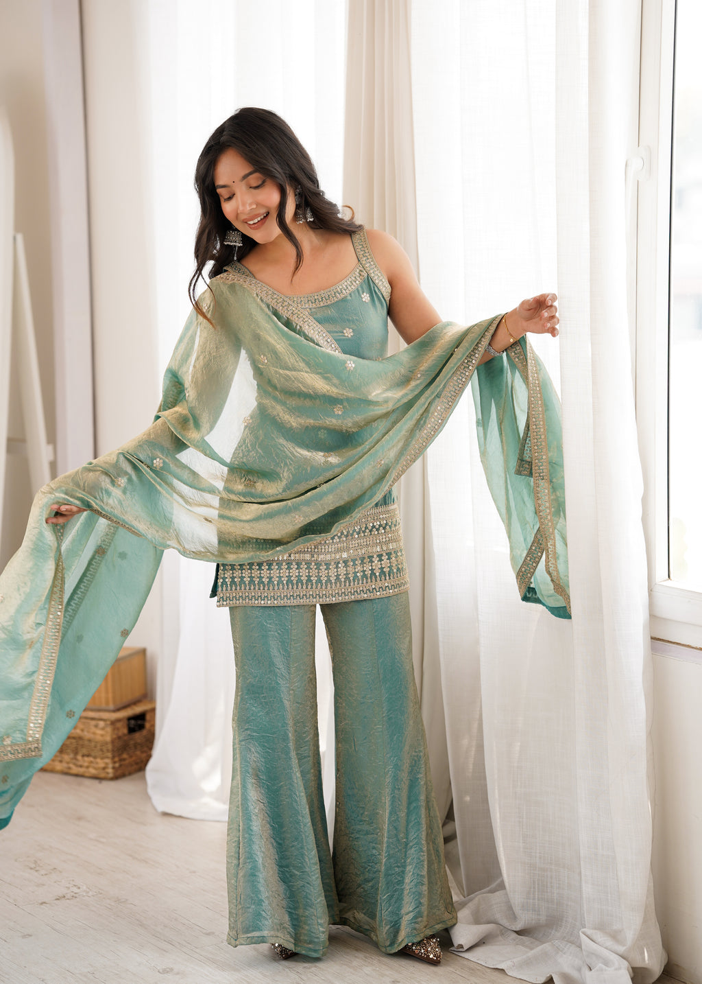 Regal Sea Green Frendy Silk Kurta & Flared Bell Bottom Set with Embroidered Dupatta