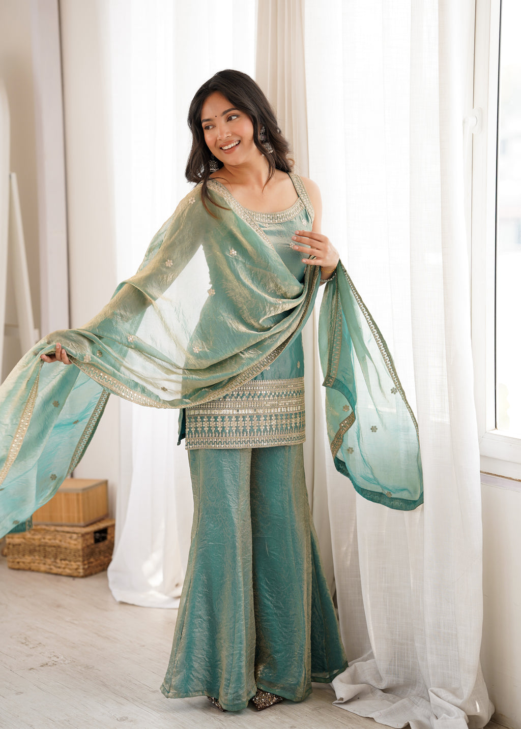 Regal Sea Green Frendy Silk Kurta & Flared Bell Bottom Set with Embroidered Dupatta