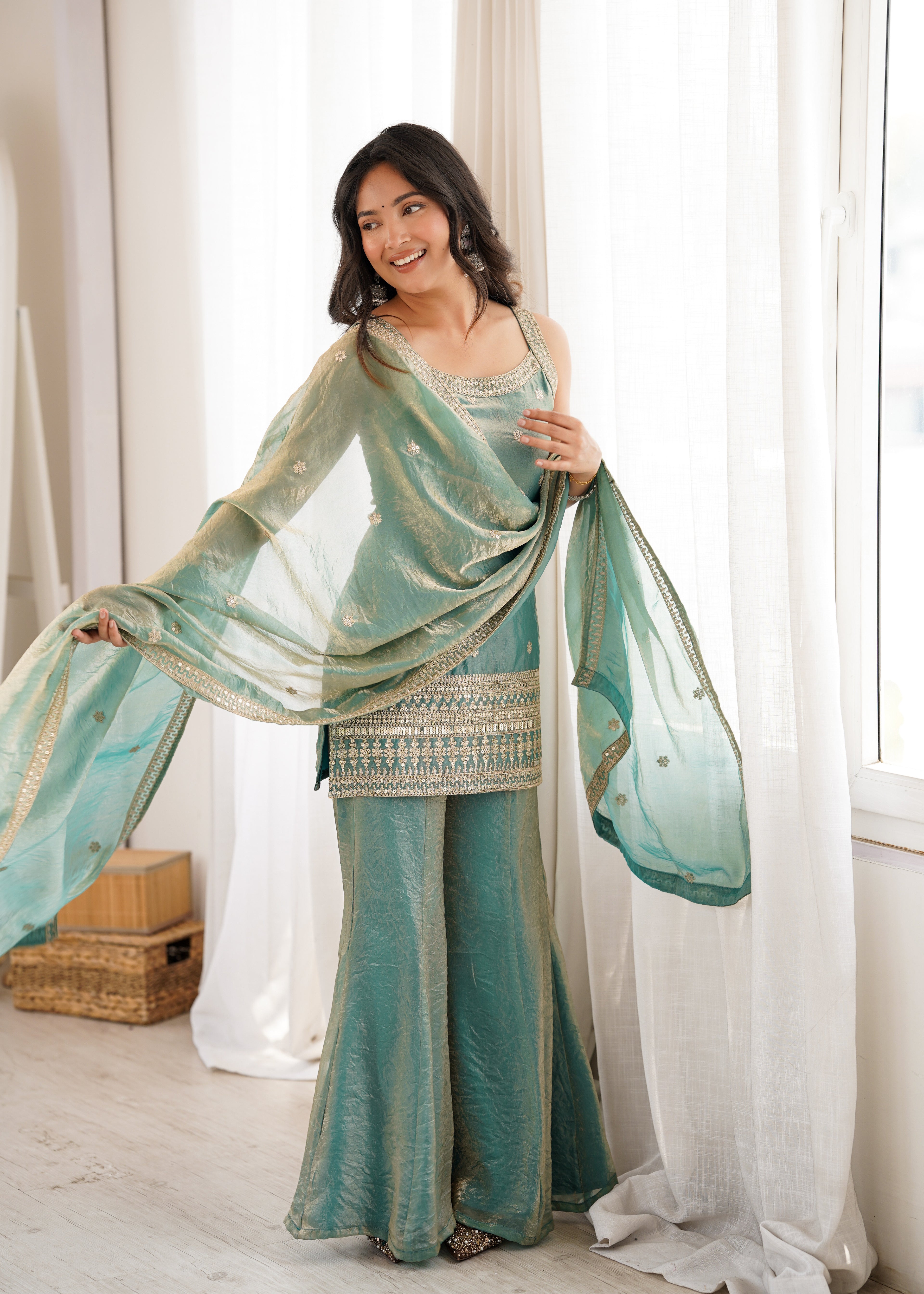Regal Sea Green Frendy Silk Kurta & Flared Bell Bottom Set with Embroidered Dupatta