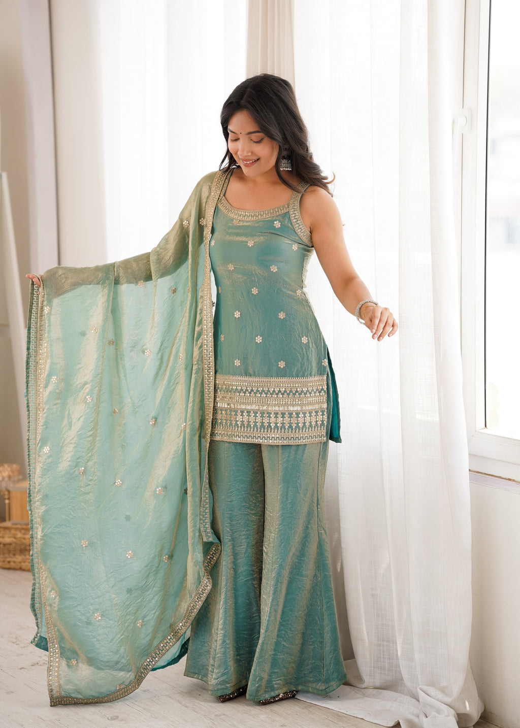 Regal Sea Green Frendy Silk Kurta & Flared Bell Bottom Set with Embroidered Dupatta