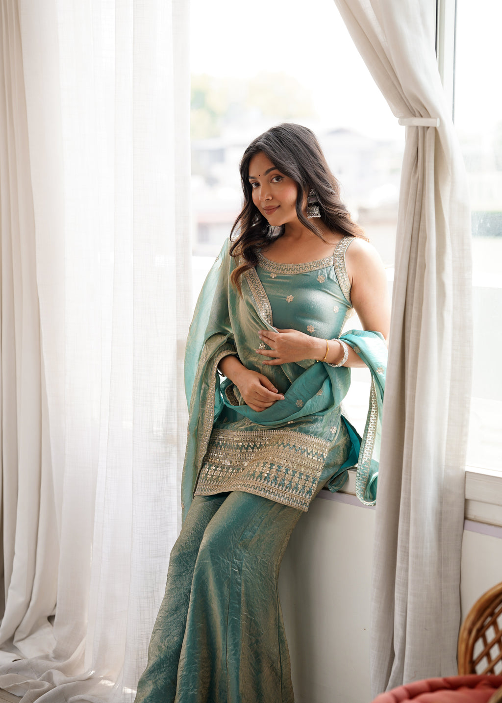 Regal Sea Green Frendy Silk Kurta & Flared Bell Bottom Set with Embroidered Dupatta