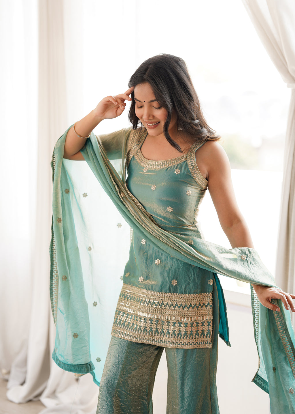 Regal Sea Green Frendy Silk Kurta & Flared Bell Bottom Set with Embroidered Dupatta
