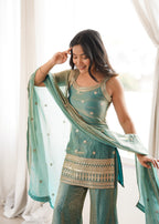 Regal Sea Green Frendy Silk Kurta & Flared Bell Bottom Set with Embroidered Dupatta