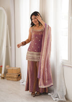 Royal Zari & Dori Embroidered Fendy Silk Bell Bottom Suit Set – Metallic Mauve
