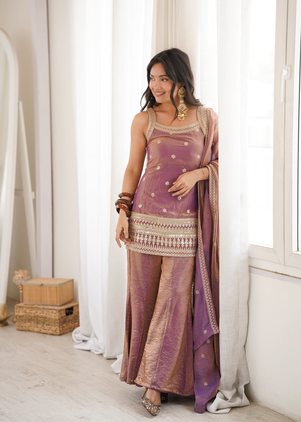 Royal Zari & Dori Embroidered Fendy Silk Bell Bottom Suit Set – Metallic Mauve