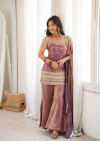 Royal Zari & Dori Embroidered Fendy Silk Bell Bottom Suit Set – Metallic Mauve
