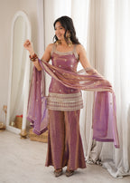 Royal Zari & Dori Embroidered Fendy Silk Bell Bottom Suit Set – Metallic Mauve