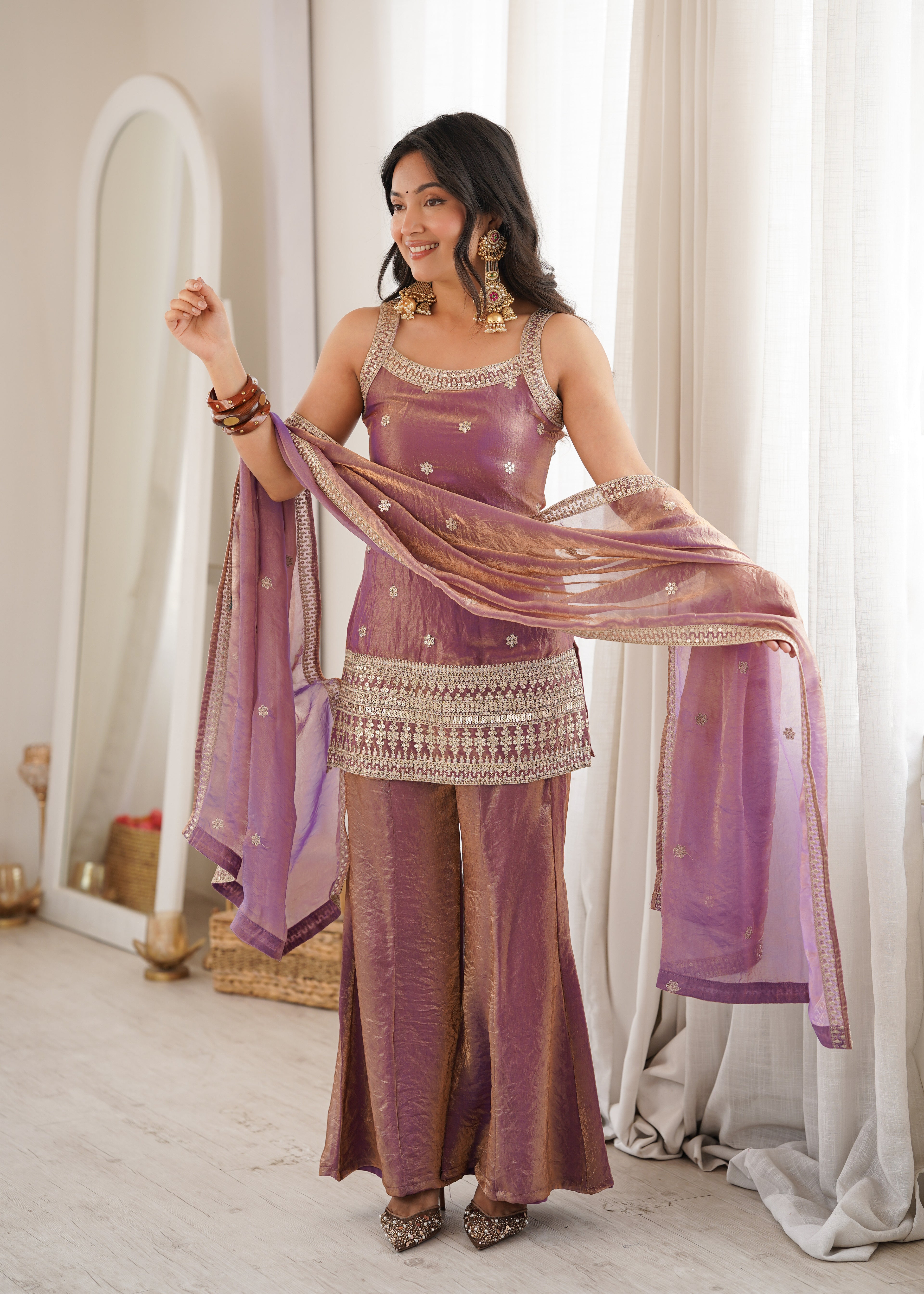 Royal Zari & Dori Embroidered Fendy Silk Bell Bottom Suit Set – Metallic Mauve