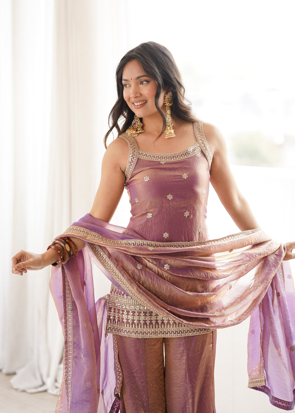 Royal Zari & Dori Embroidered Fendy Silk Bell Bottom Suit Set – Metallic Mauve