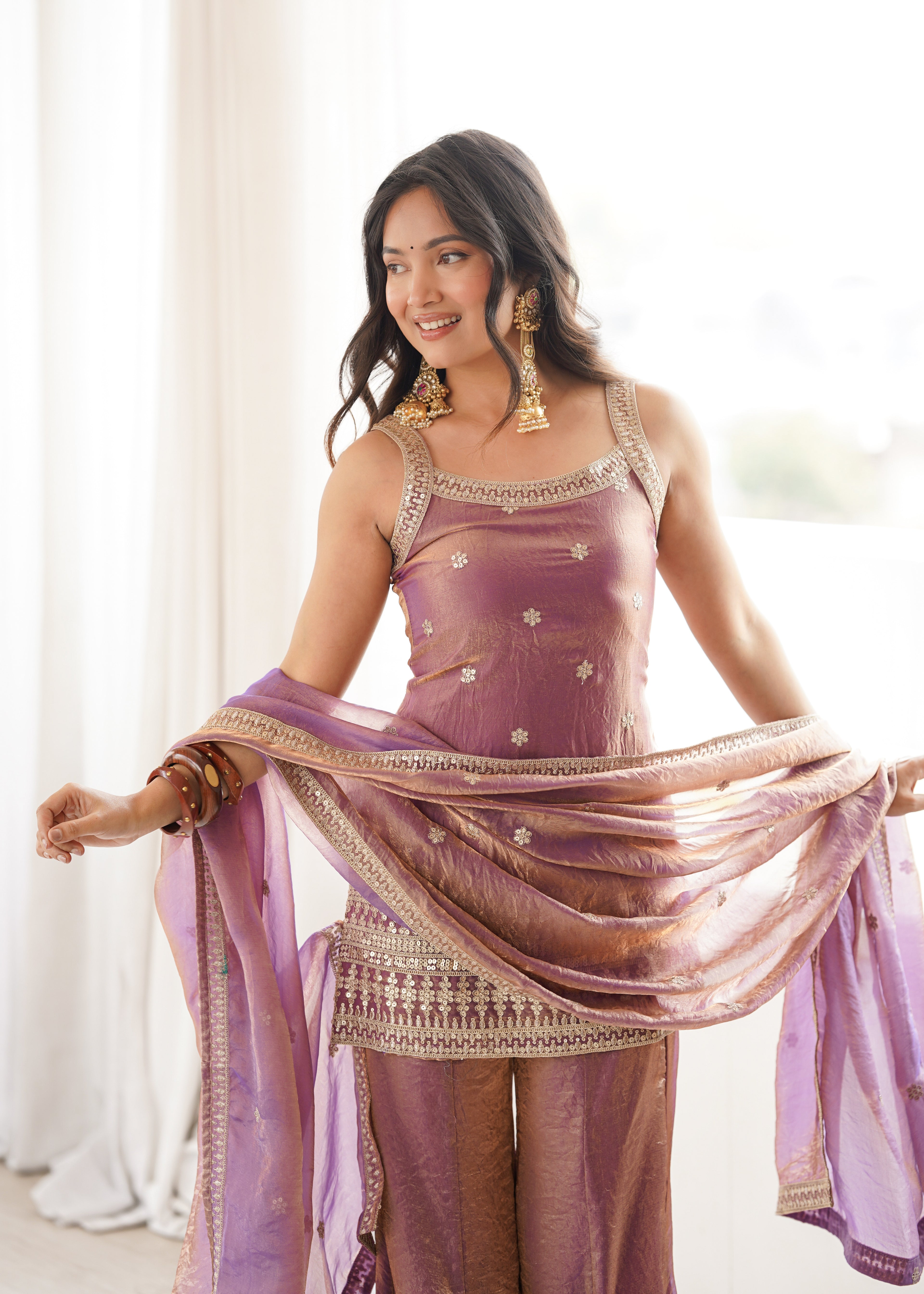 Royal Zari & Dori Embroidered Fendy Silk Bell Bottom Suit Set – Metallic Mauve