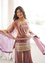 Royal Zari & Dori Embroidered Fendy Silk Bell Bottom Suit Set – Metallic Mauve