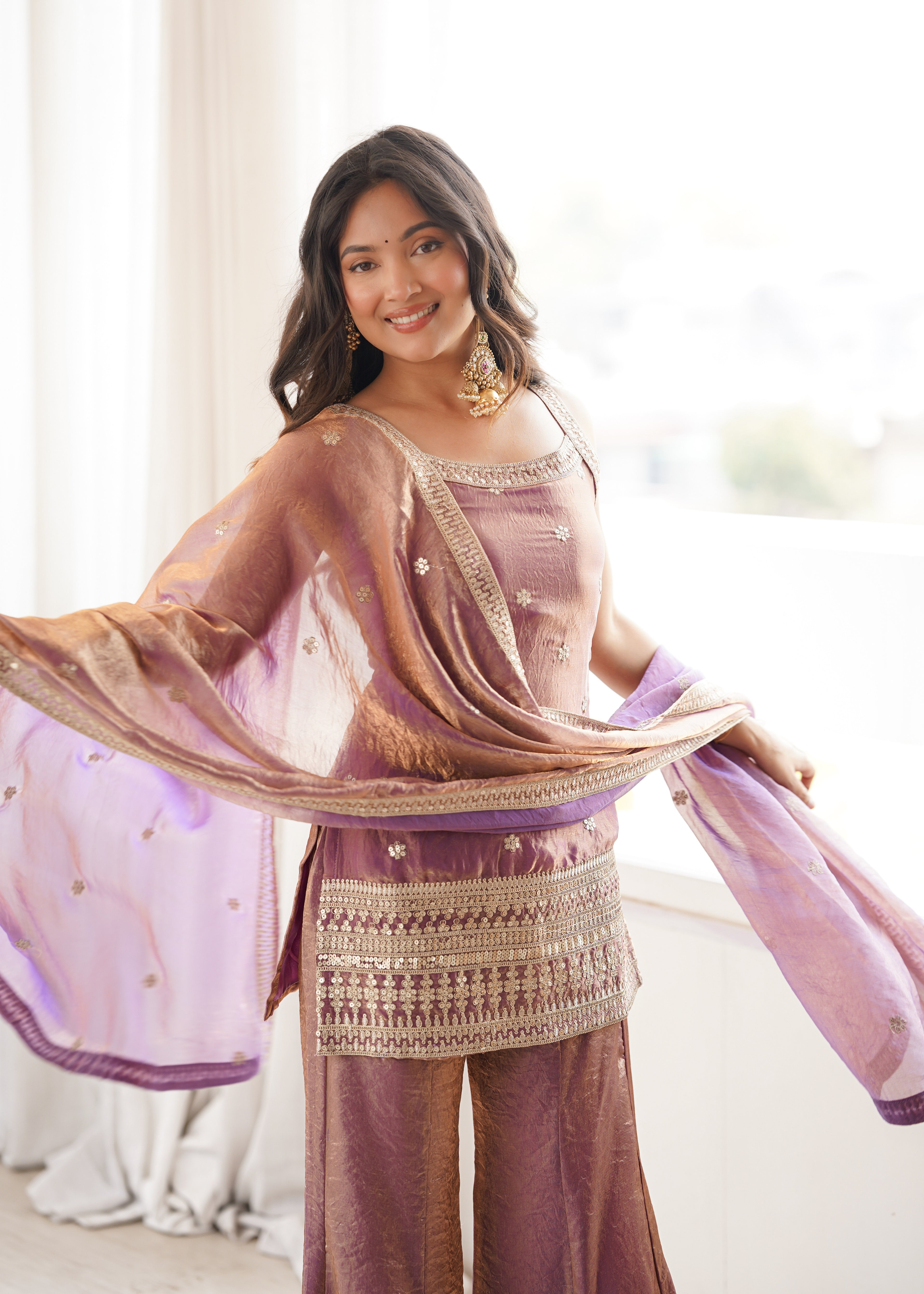 Royal Zari & Dori Embroidered Fendy Silk Bell Bottom Suit Set – Metallic Mauve
