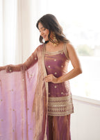 Royal Zari & Dori Embroidered Fendy Silk Bell Bottom Suit Set – Metallic Mauve