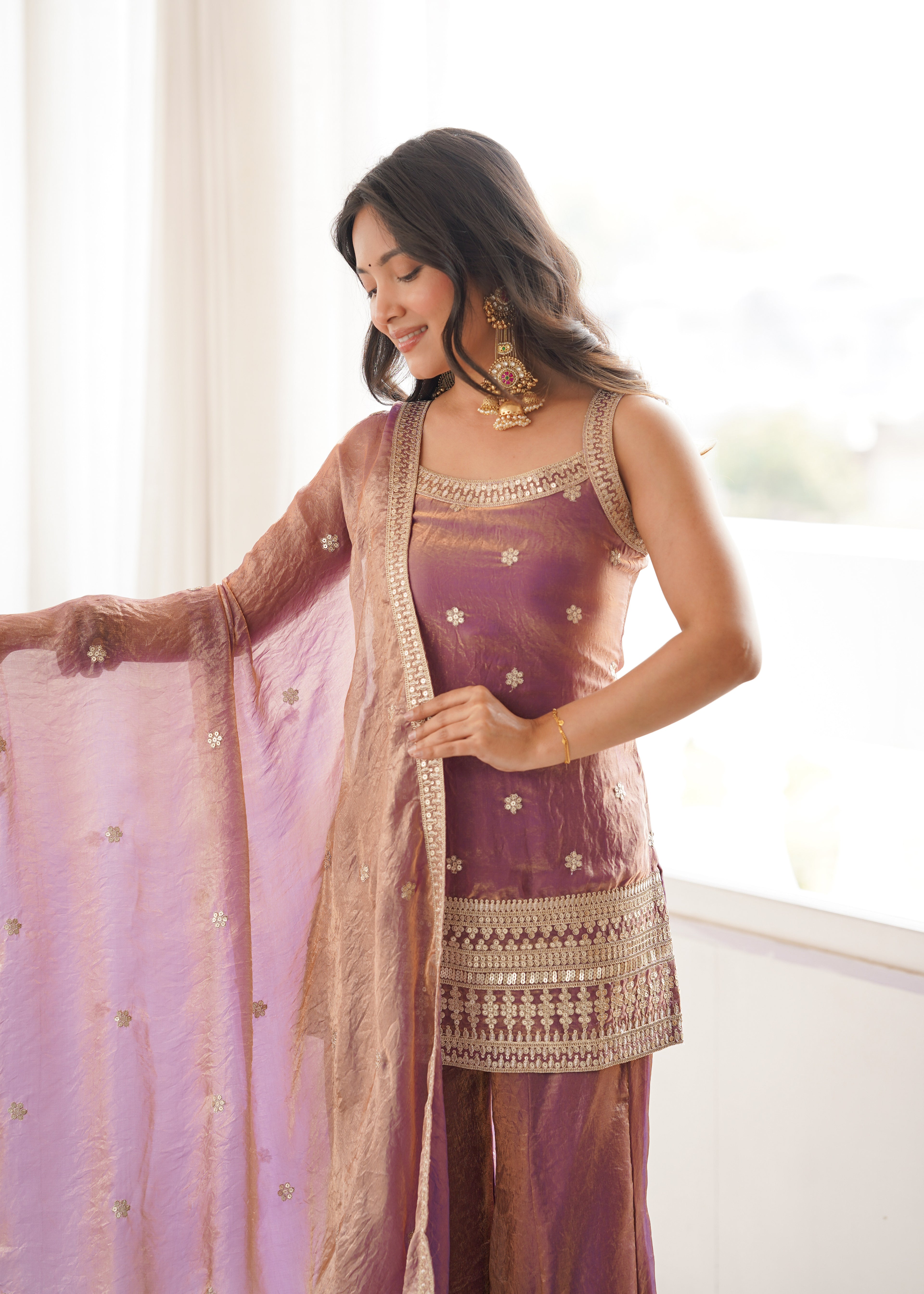 Royal Zari & Dori Embroidered Fendy Silk Bell Bottom Suit Set – Metallic Mauve