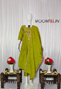 Moonpalav Lime Green Roman Silk Flared Anarkali Suit Set