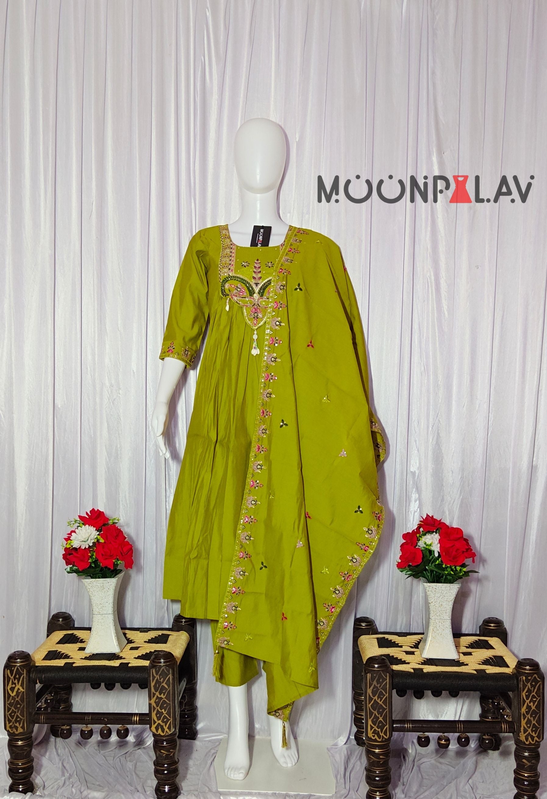 Moonpalav Lime Green Roman Silk Flared Anarkali Suit Set