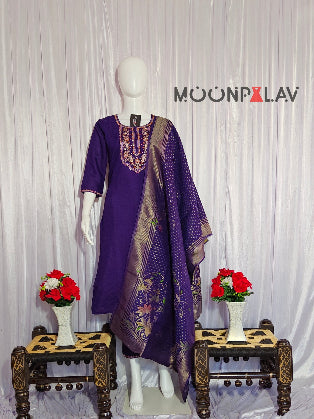 Moonpalav Royal Purple Marina Silk Embroidered Suit with Meena Work Dupatta