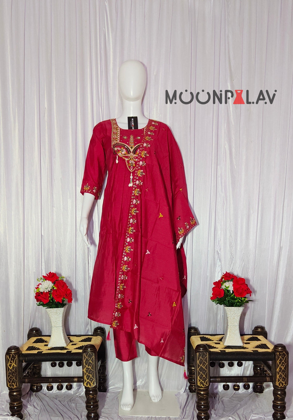 Moonpalav Rani Pink Roman Silk Handwork Anarkali Suit with Dupatta
