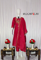 Moonpalav Rani Pink Roman Silk Handwork Anarkali Suit with Dupatta
