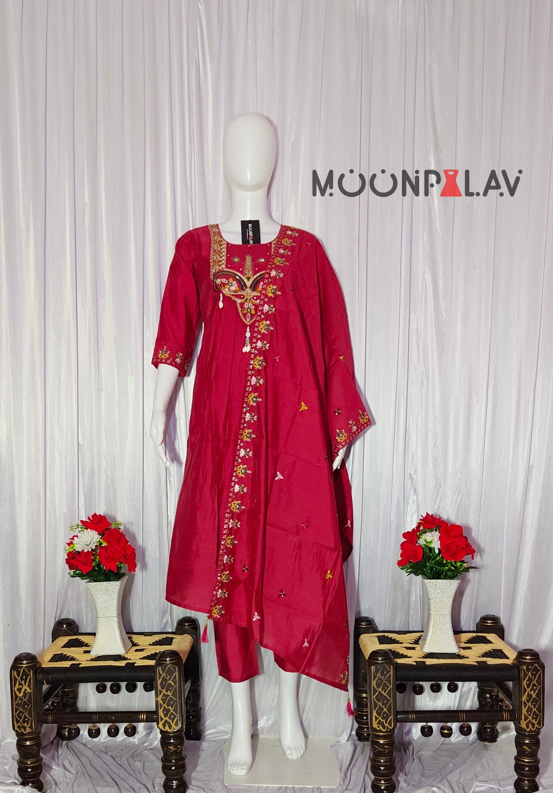 Moonpalav Rani Pink Roman Silk Handwork Anarkali Suit with Dupatta