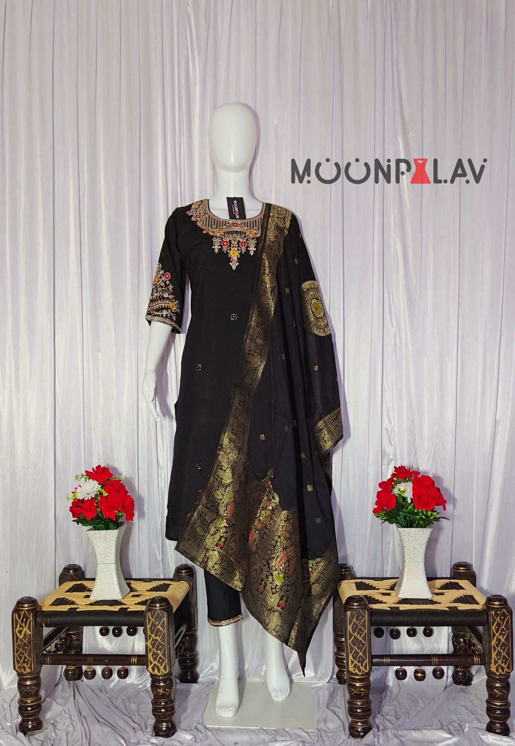 Moonpalav Midnight Black Roman Silk Sequinned Kurta Set with Jacquard Dupatta