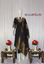 Moonpalav Midnight Black Roman Silk Sequinned Kurta Set with Jacquard Dupatta