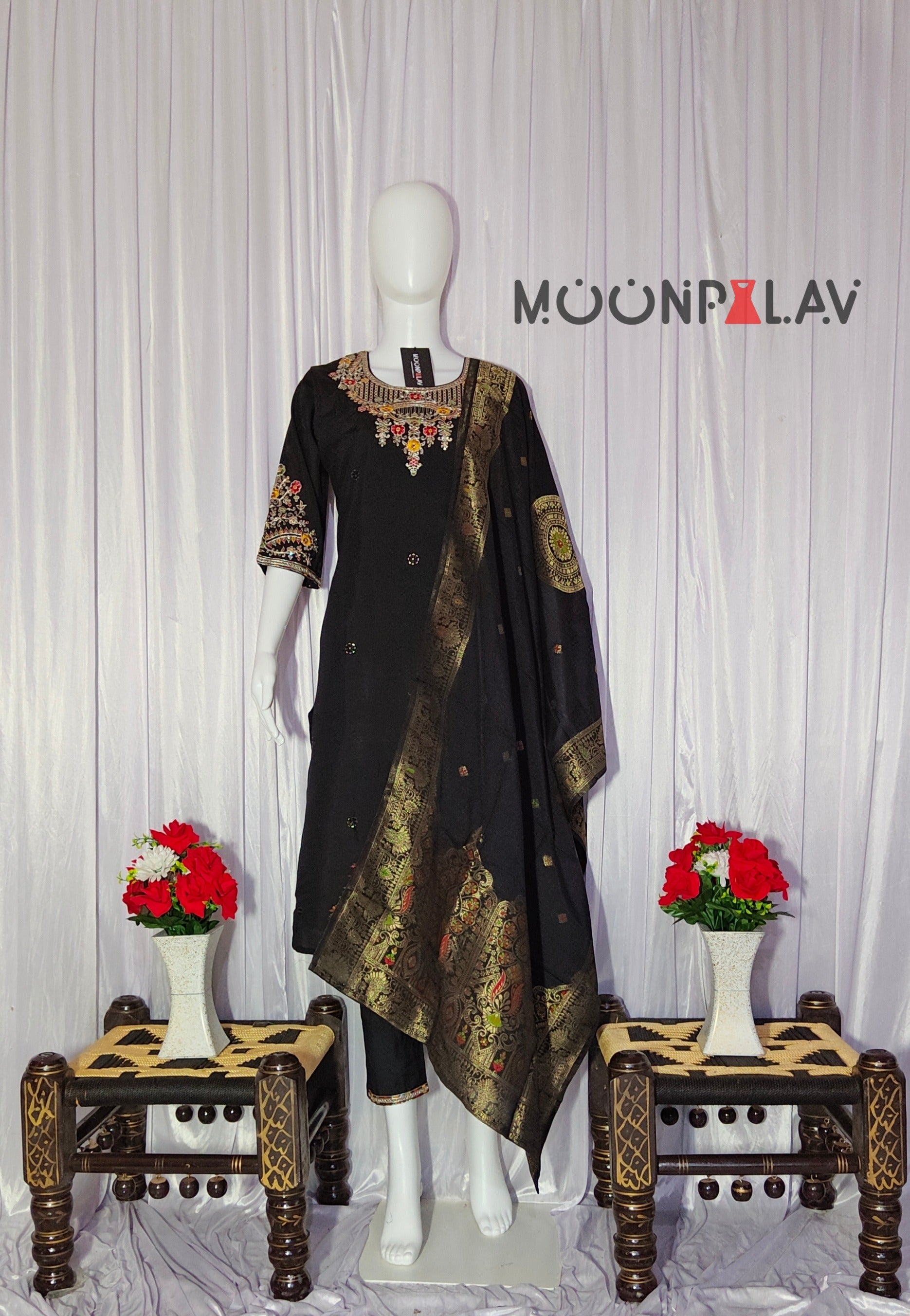 Moonpalav Midnight Black Roman Silk Sequinned Kurta Set with Jacquard Dupatta
