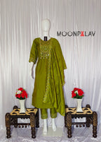 Moonpalav Earthy Olive Roman Silk Mirror Work Anarkali Set with Dupatta