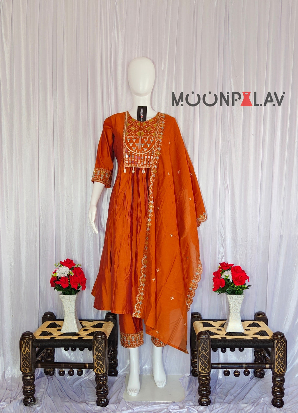 Moonpalav Terracotta Rust Roman Silk Mirror Work Anarkali Set with Dupatta