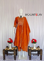 Moonpalav Terracotta Rust Roman Silk Mirror Work Anarkali Set with Dupatta