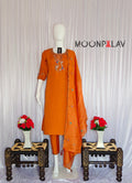 Moonpalav Tangerine Orange Roman Silk Handwork Kurta Set with Dupatta