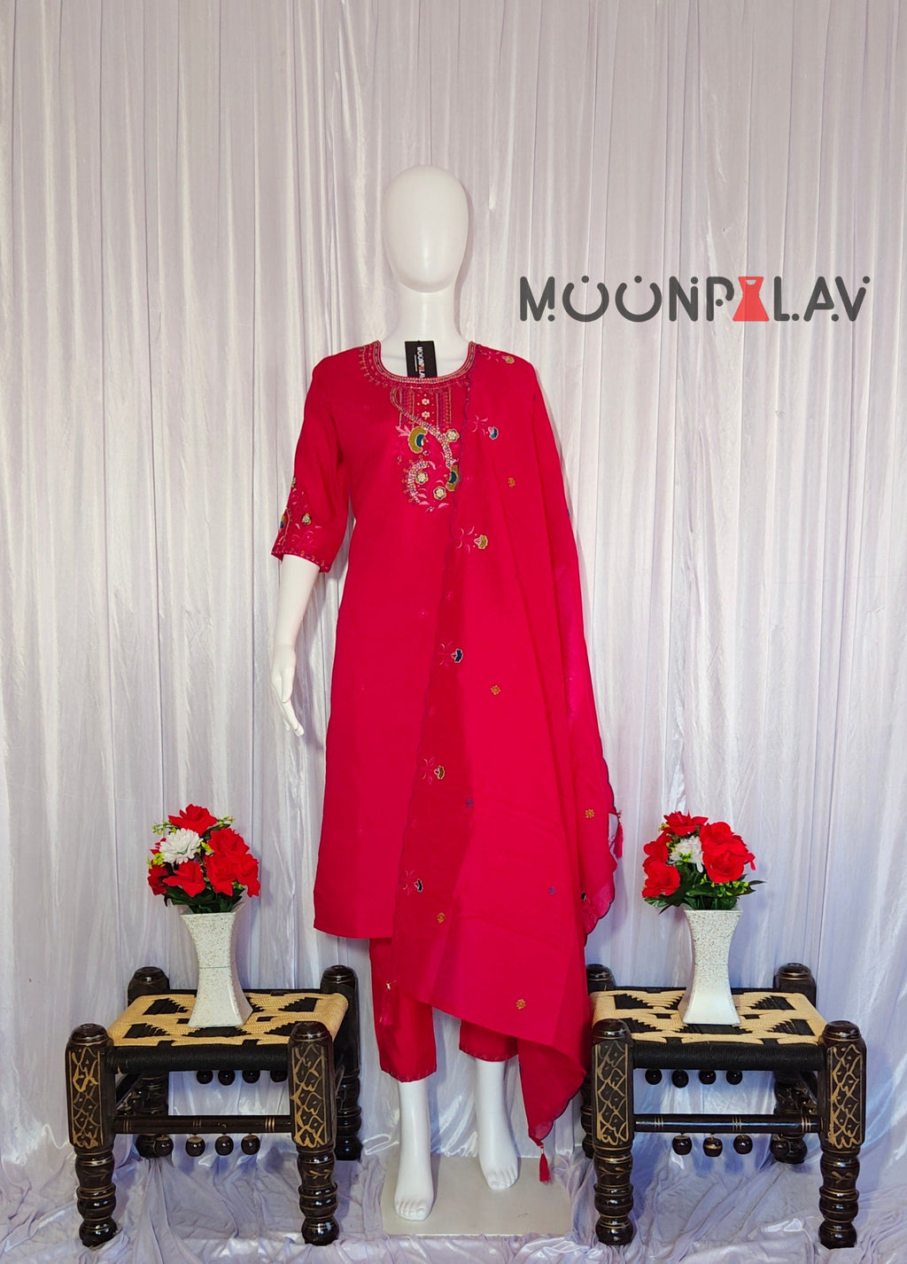 Moonpalav Rani Pink Roman Silk Embroidered Kurta Set with Dupatta