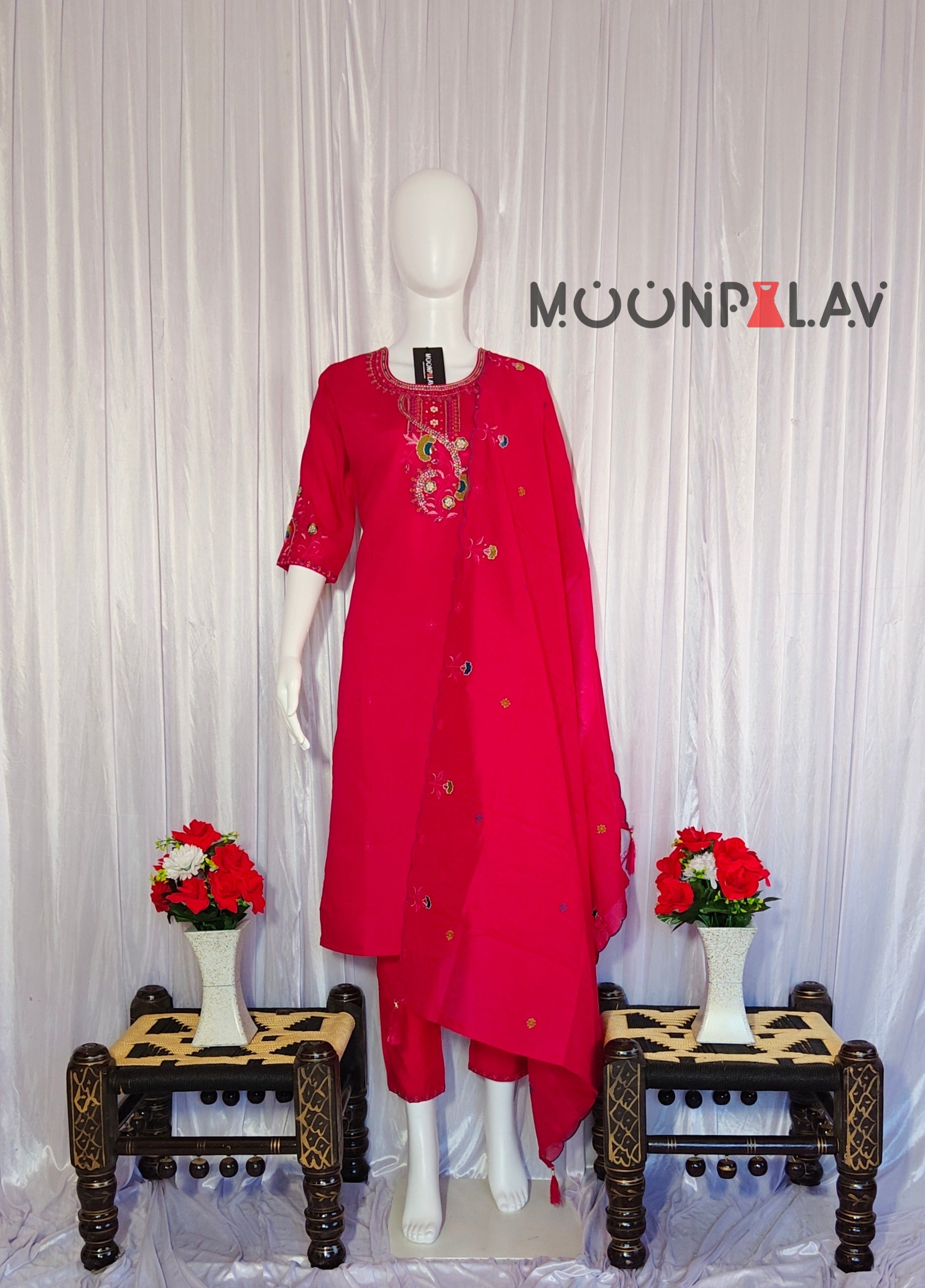 Moonpalav Rani Pink Roman Silk Embroidered Kurta Set with Dupatta