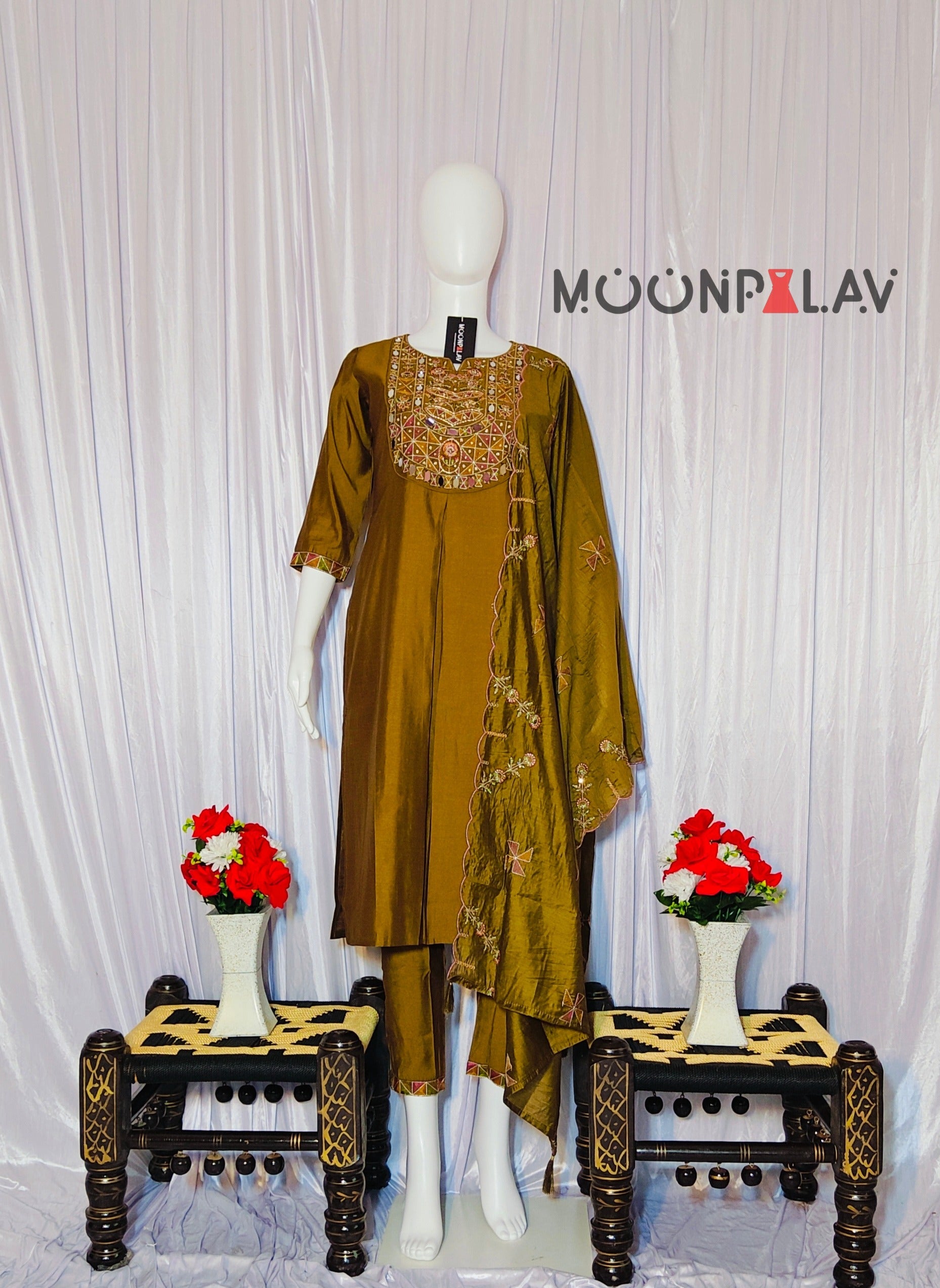 Moonpalav Mustard Gold Mango Silk Real Mirror Work Designer Kurti Set With Duppata